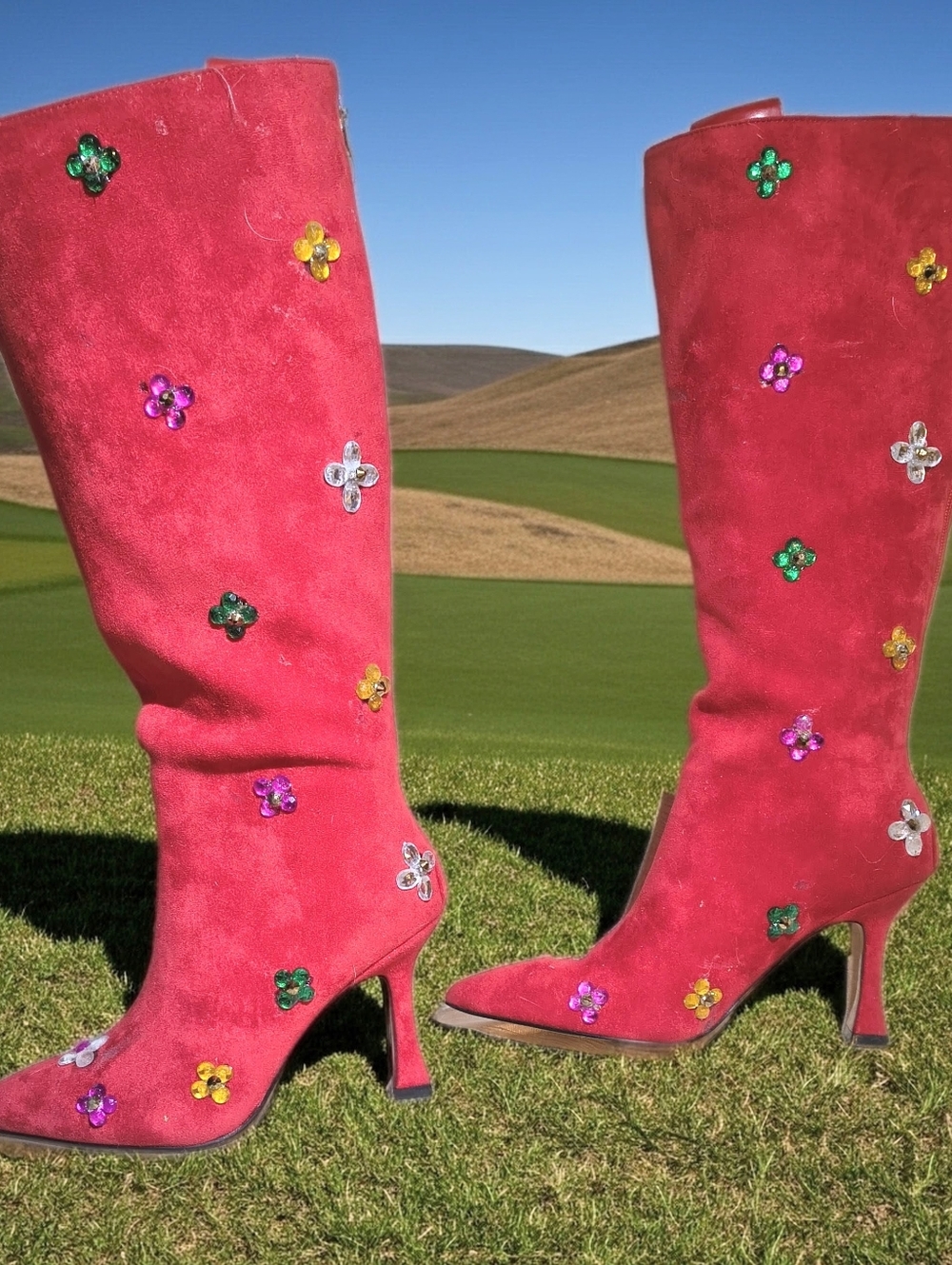 NWT Women’s Red Faux Suede Knee Stiletto Boots 6.5M, Embellished With Gems